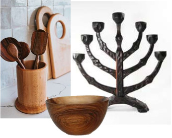 wooden kitchen tools and wooden candlestick