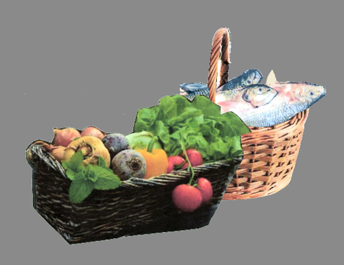 baskets of vegetables and fish